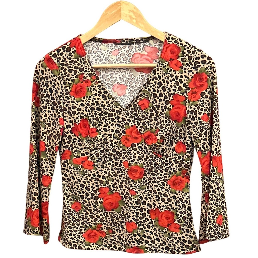 Vintage 2000's Leopard Rose Print Top Mob Wife Indie Sleaze Trashy Chic Retro